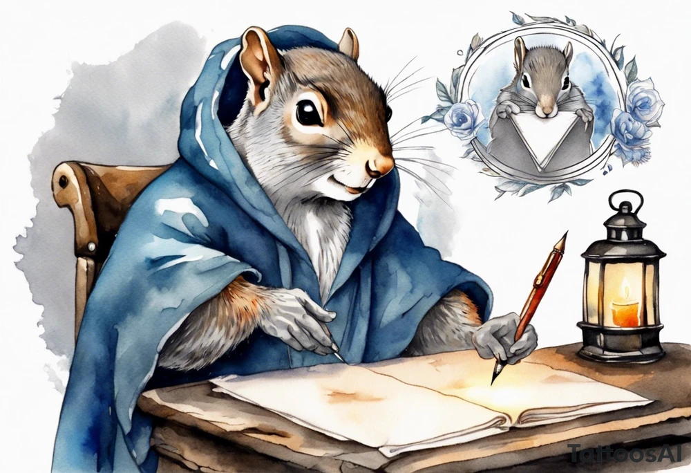 an elderly grey squirrel with a beard dressed in a grey and blue cloak writing a letter by candlelight tattoo idea
