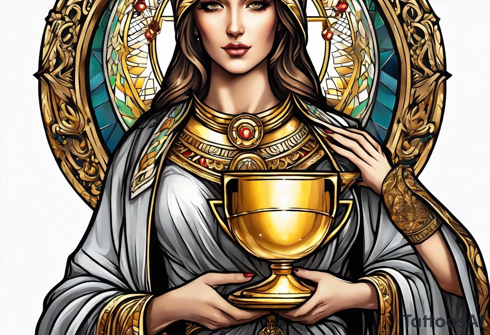 woman saint holding chalice surrounded by golden halo tattoo idea