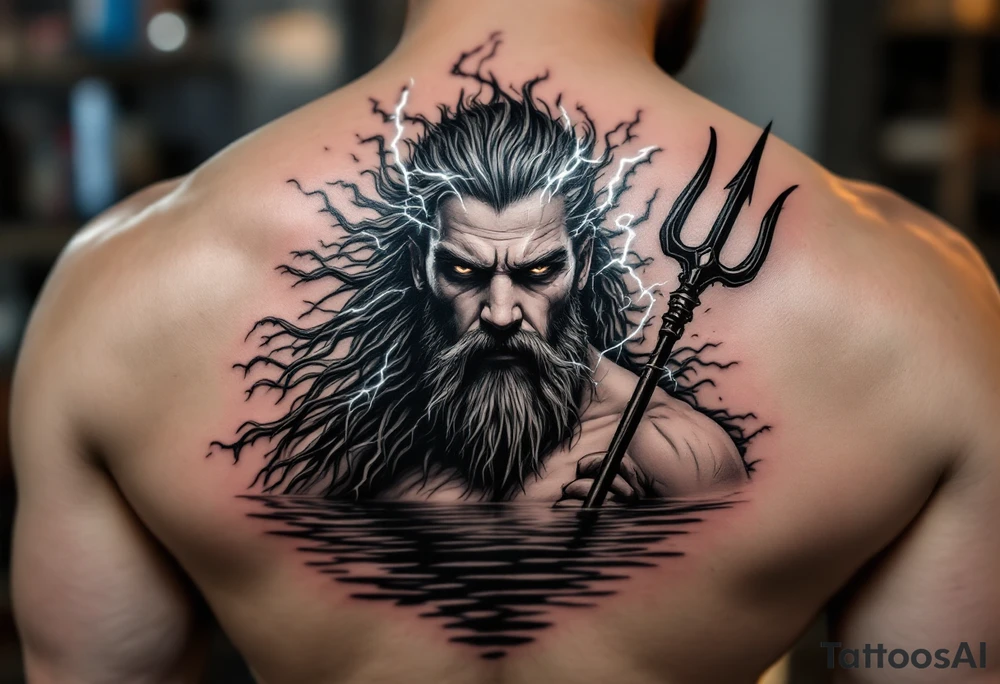 fit poseidon, behind a trident, with lightning, in calm water tattoo idea
