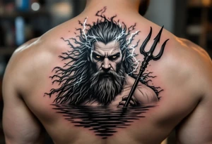 fit poseidon, behind a trident, with lightning, in calm water tattoo idea