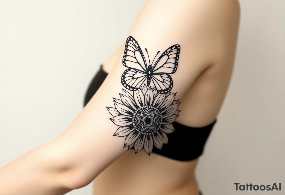 Bohemian hippie butterfly sitting atop a stylized  sunflower with mandala petals tattoo idea