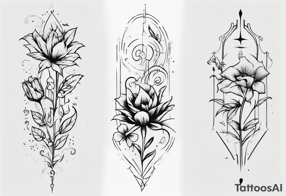 Design a vertical tattoo where shapes and lines, excluding flowers, represent various stages of my life, reflecting the evolution of my character and perception. Ensure it suits the placement on the back of the forearm. tattoo idea