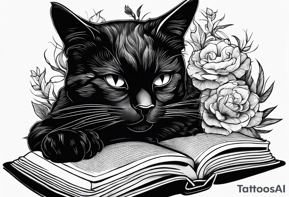 black sillhouette cat sleeping with a book sleeve tattoo tattoo idea