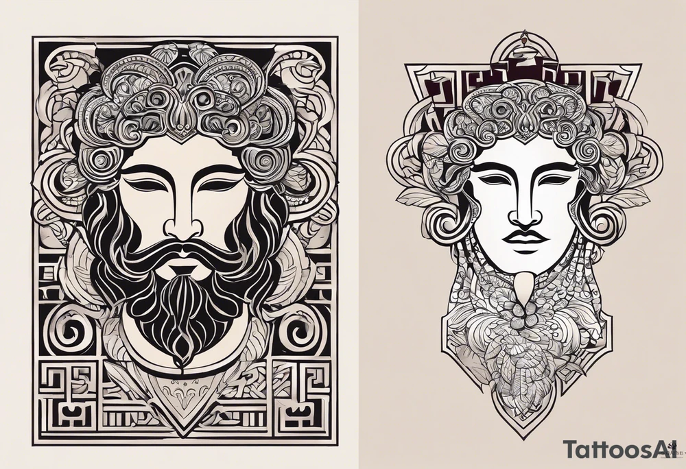 "Craft a minimalist tattoo design in the style of ancient Greek art, featuring Dionysus with his affection for theater. Depict Dionysus in a simplified yet elegant form, reminiscent of classical Greek sculpture, holding a theatrical mask and a goblet of wine. Surround him with subtle geometric patterns or motifs inspired by ancient Greek pottery, such as meanders or key patterns. Ensure the design maintains a minimalist aesthetic while incorporating elements that evoke the sophistication and timelessness of Greek art, capturing Dionysus's connection to both wine and theater in a visually striking manner." tattoo idea