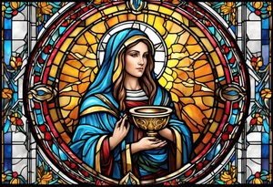 holy saint woman with halo stained glass holding a chalice with artillery tattoo idea