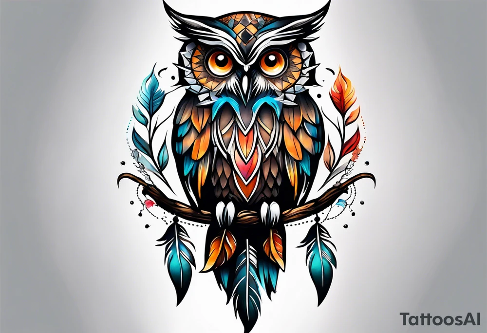 Owl and dreamcatcher back of calf sleeve tattoo idea