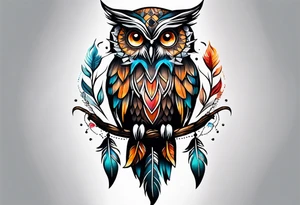 Owl and dreamcatcher back of calf sleeve tattoo idea