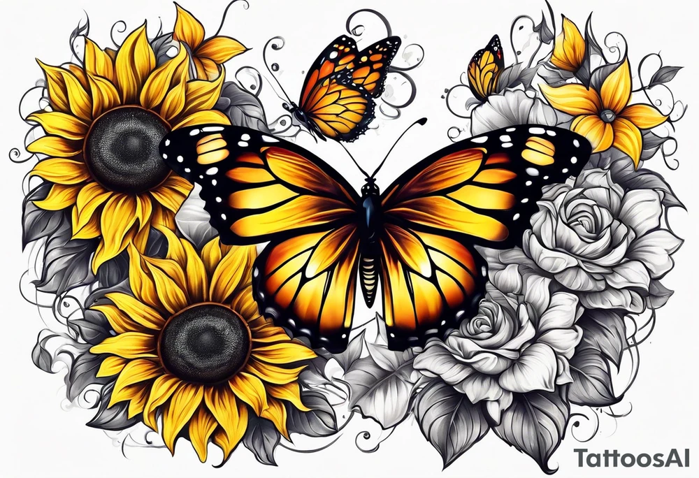 Sunflower and butterfly leg sleeve tattoo idea
