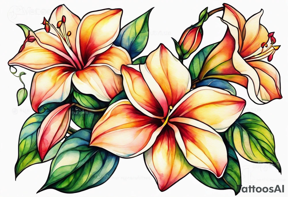 white background, abstract mandevilla flowers on a vine, part of it watercolor, part of it just line work tattoo idea