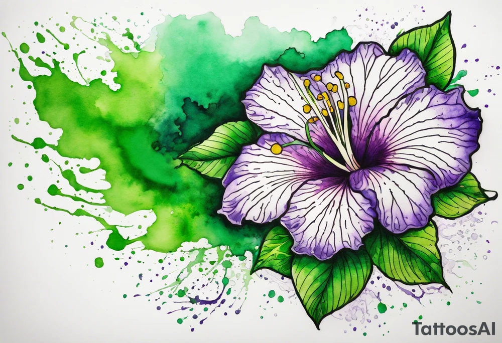 An outline of an only green rio dipladenia flower and a green and purple watercolor splash in the background tattoo idea