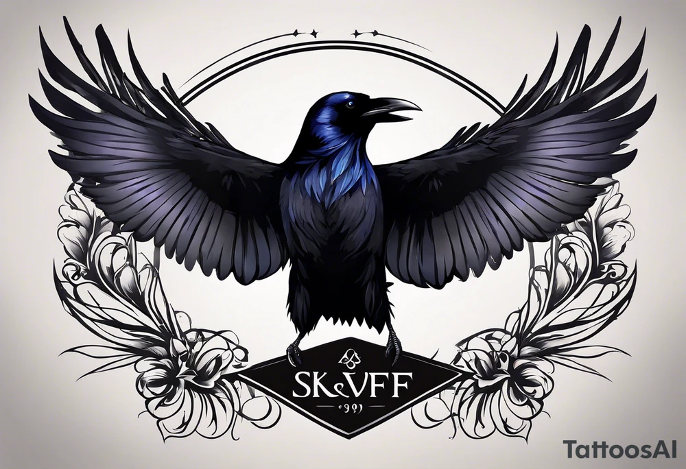 A raven and a butterfly flying together. 
The butterfly and the raven are the same size
In the background is the name Malia.
In the background is the name SKF.
The number 89 can be seen in the background.
There is also a scorpion in the wing of the butterfly. tattoo idea