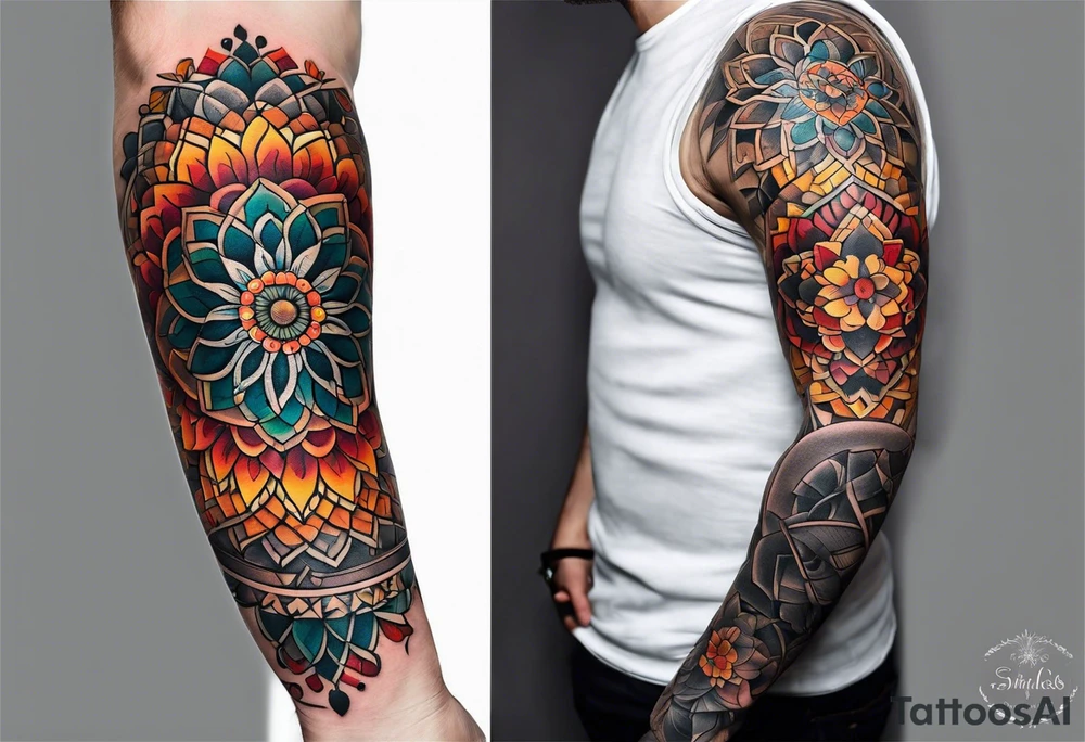 simple male mandala elbow tattoo in fall colors tattoo idea
