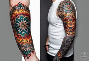 simple male mandala elbow tattoo in fall colors tattoo idea