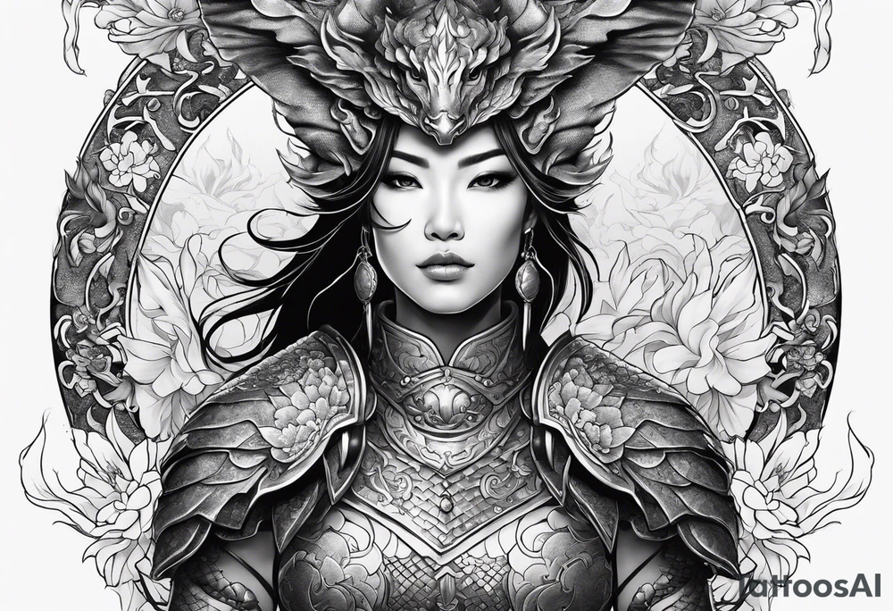 beautiful warrior woman wearing dragon armor and a floral background and a dragon tattoo idea