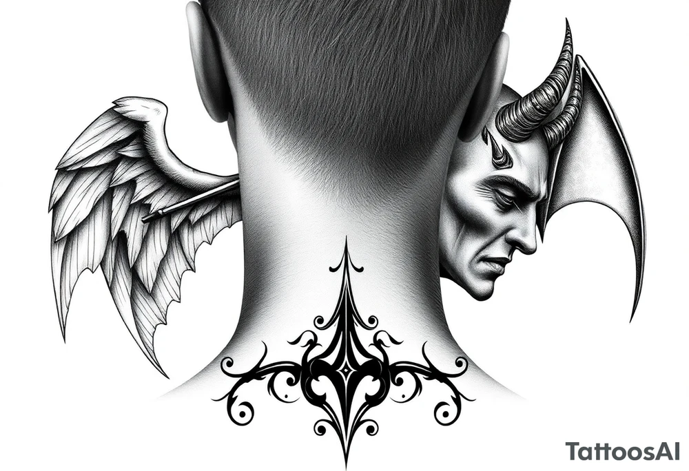 position behind the neck Angel (on the right) whispering in the right ear, demon (on the left) whispering in the left ear. It must be as realistic as possible. tattoo idea