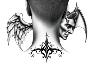 position behind the neck Angel (on the right) whispering in the right ear, demon (on the left) whispering in the left ear. It must be as realistic as possible. tattoo idea
