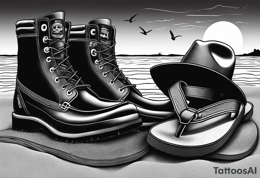Keep it simple. A pair of timberland boots next to two flip flops and a cowboyhat on the Beach. tattoo idea