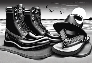 Keep it simple. A pair of timberland boots next to two flip flops and a cowboyhat on the Beach. tattoo idea