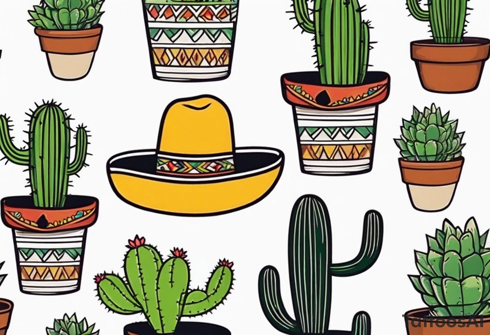 Cactus in a pot wearing a sombrero tattoo idea