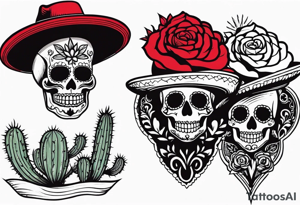 red rose wearing Mexican hat, cactus, without skull, day of dead tattoo idea
