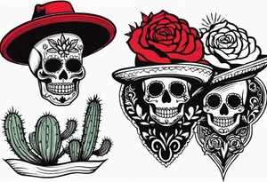red rose wearing Mexican hat, cactus, without skull, day of dead tattoo idea