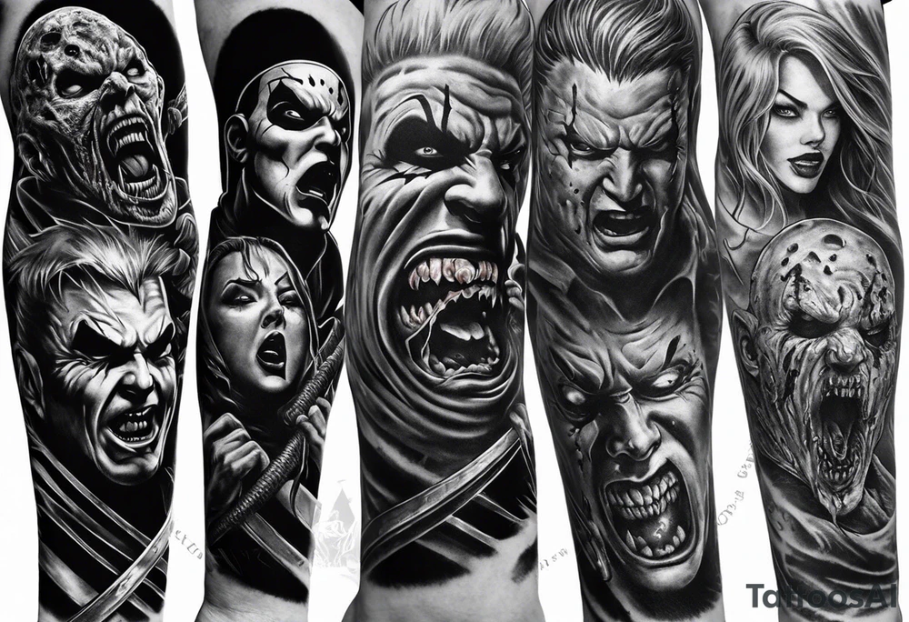 Horror sleeve with a noose, Freddy Kruger, Jason, chucky, and scream tattoo idea