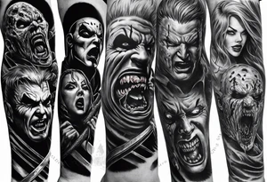Horror sleeve with a noose, Freddy Kruger, Jason, chucky, and scream tattoo idea
