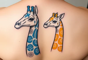 Dos jirafas hermanas. El hermano mayor de color azul y la pequeña de color amarillo. Un diseño minimalista con color y para un tatuaje pequeño. tattoo idea