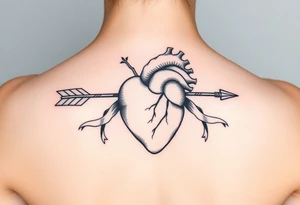 anatomical heart pierced by ornate arrow with flowing ribbons tattoo idea