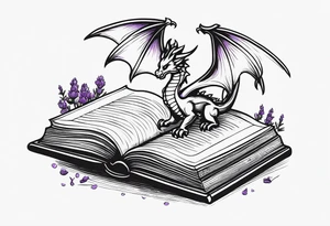 an open book. a small flying dragon. One pawn chess piece. a cluster of ‘lavender flowers’ under book tattoo idea