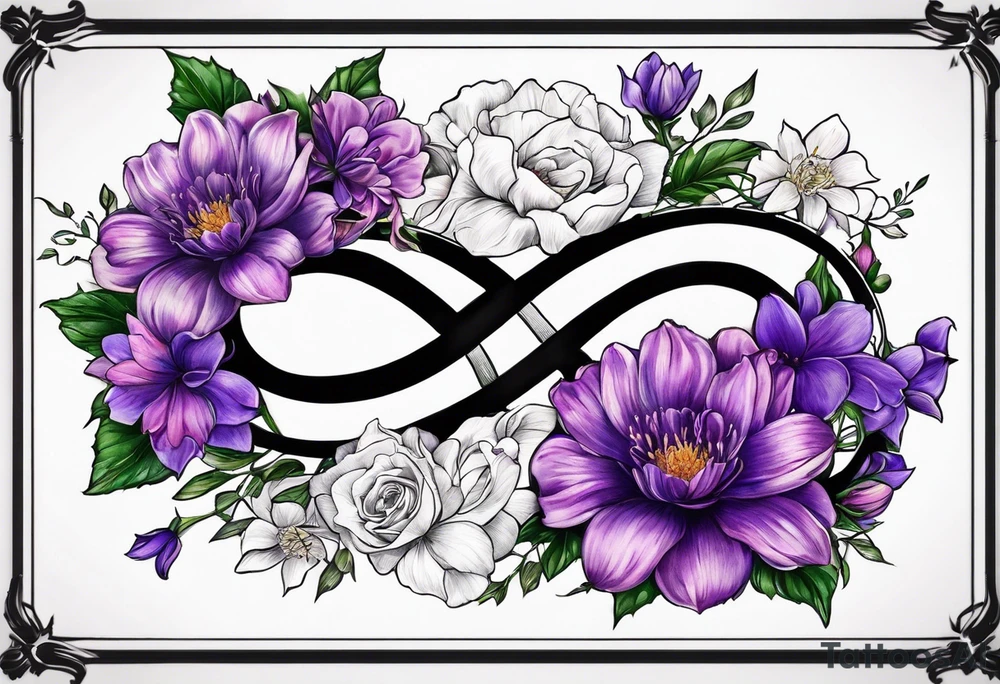 Infinity symbol with violet, rose, larkspur and aster birth flowers on one side and the date 8.30.1997 on the other side tattoo idea