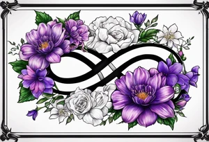 Infinity symbol with violet, rose, larkspur and aster birth flowers on one side and the date 8.30.1997 on the other side tattoo idea