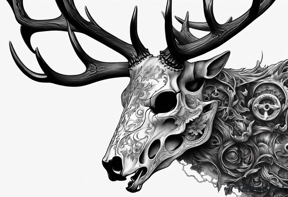 A side view of a decayed deer skull with no skin JUST BONE surrounded by fire tattoo idea