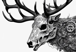A side view of a decayed deer skull with no skin JUST BONE surrounded by fire tattoo idea