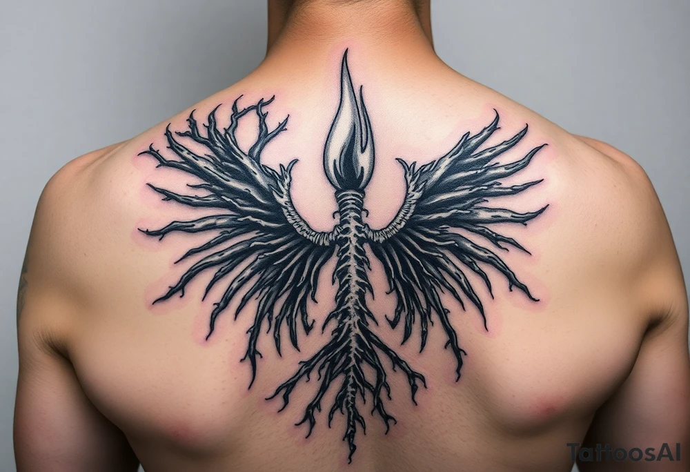 1. “Burnt Offerings”
Theme: Healing through destruction.
Visual: Charred tree roots climbing up your spine, turning into flames halfway, then slowly transforming into skeletal wings—unfinished, like you stopped mid-rebirth. The middle of the spine glows dimly, like coals never fully put out.
Vibe: You survived, but not clean. You carry the burn. tattoo idea