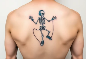 Funny minimalist small skeleton jumping on  jump rope with a blue headphones and blue tennis shoes and blue wrist bands tattoo idea