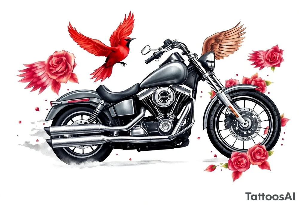Harley grey motorcycle driving away, two red birds flying, roses, flames, angel wings tattoo idea