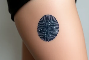 A fingerprint with embedded tiny silver stars and a deep indigo gradient, giving it a cosmic and ethereal appearance tattoo idea