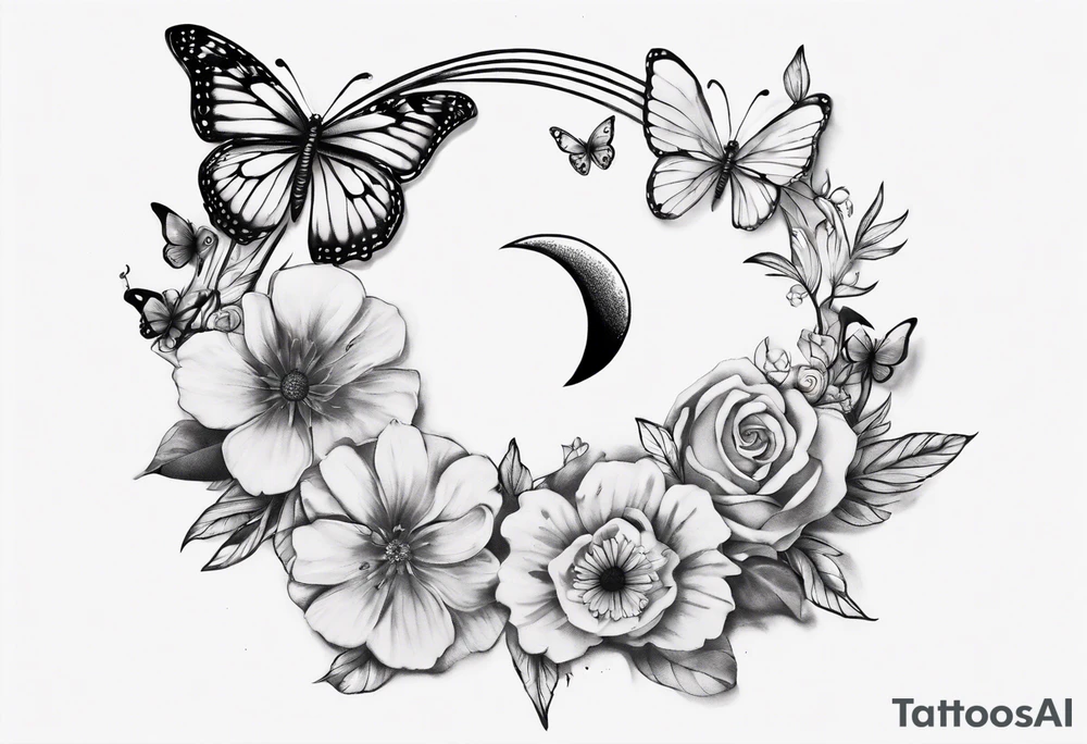 Butterfly wrap tattoos with large centre piece with moon and floral theme. Bracelet around ankle show on higher ankle tattoo idea