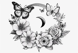 Butterfly wrap tattoos with large centre piece with moon and floral theme. Bracelet around ankle show on higher ankle tattoo idea