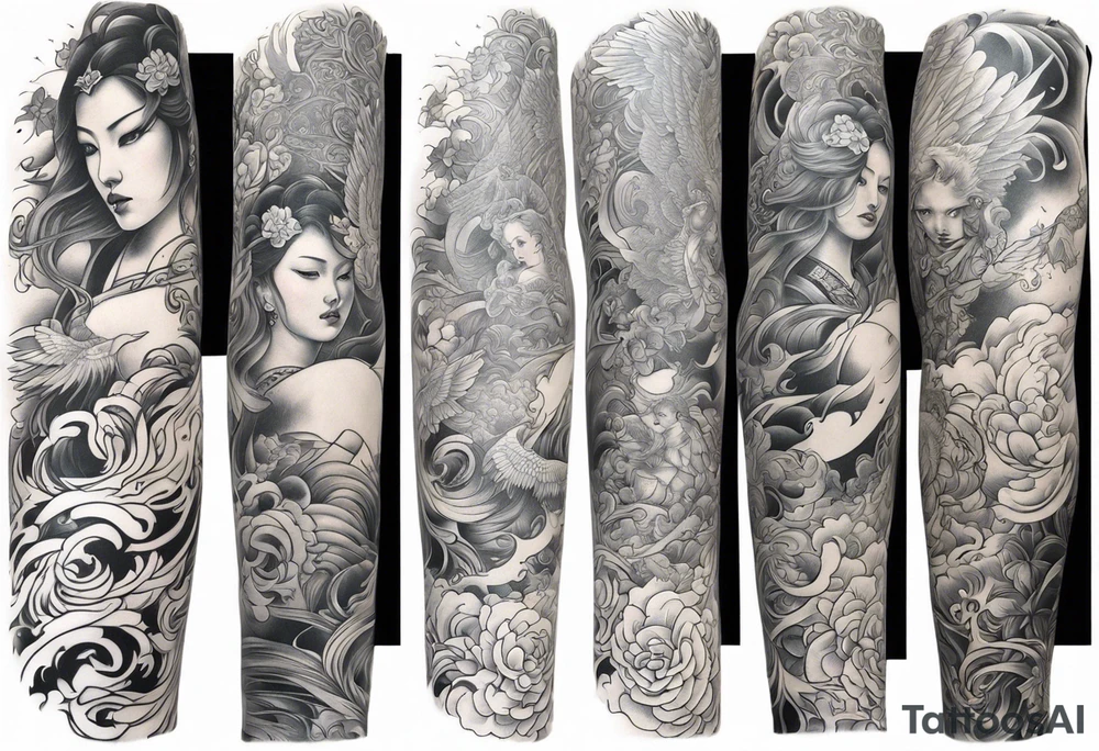 Arm sleeve with Angels with guns fighting demons below tattoo idea