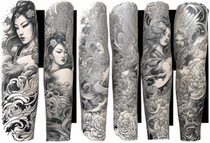 Arm sleeve with Angels with guns fighting demons below tattoo idea