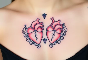 Two anatomical hearts surrounded by filigree and crystal or gem accents tattoo idea