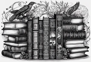 A stack of books surrounded with elements from Harry Potter, hunger games, the hobbit, pride and prejudice, twilight, and lord of the rings tattoo idea