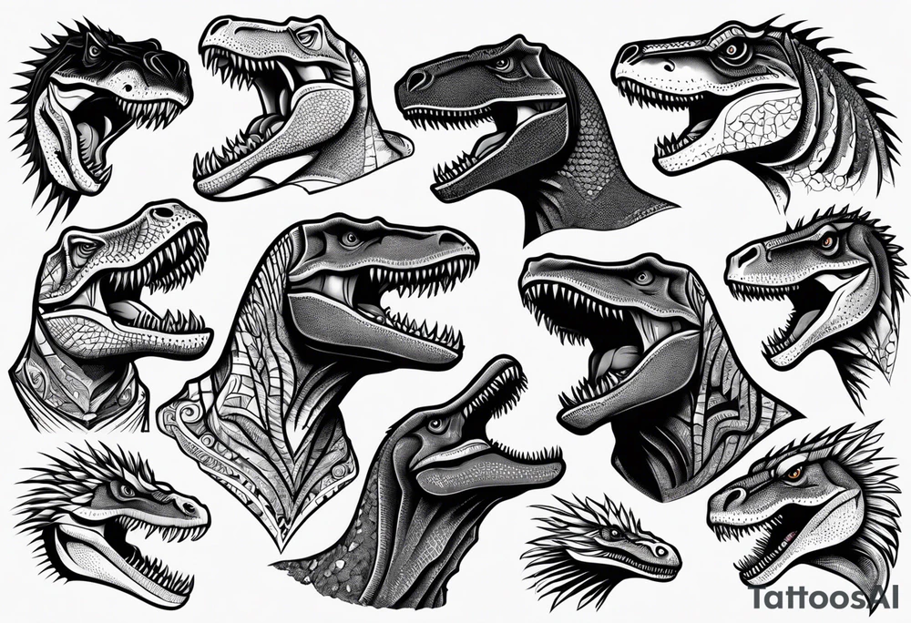Variety of trex faces traditional style flash sheet tattoo idea