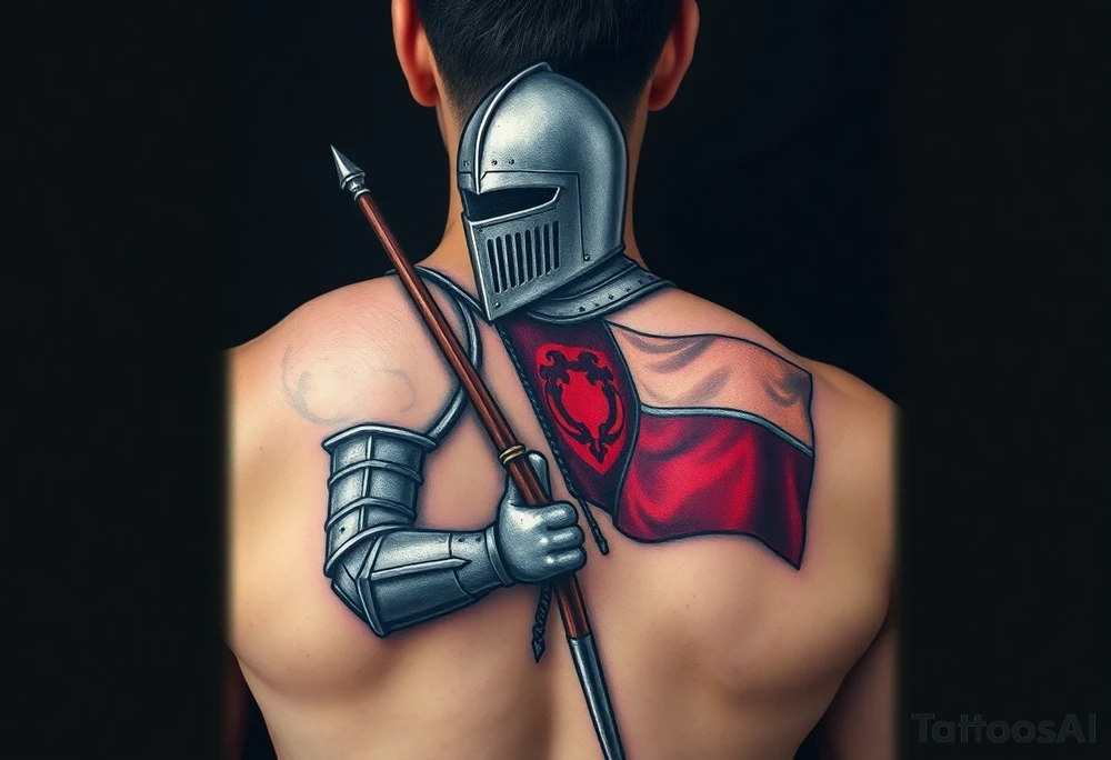 A knight in medieval armor holding a Czech flag, inspired by Hussite warriors, with battle-worn silver and red tones. tattoo idea