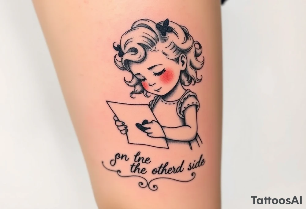 Little blond girl with curly hair mailing a letter that says to dad on the other side tattoo idea
