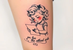 Little blond girl with curly hair mailing a letter that says to dad on the other side tattoo idea