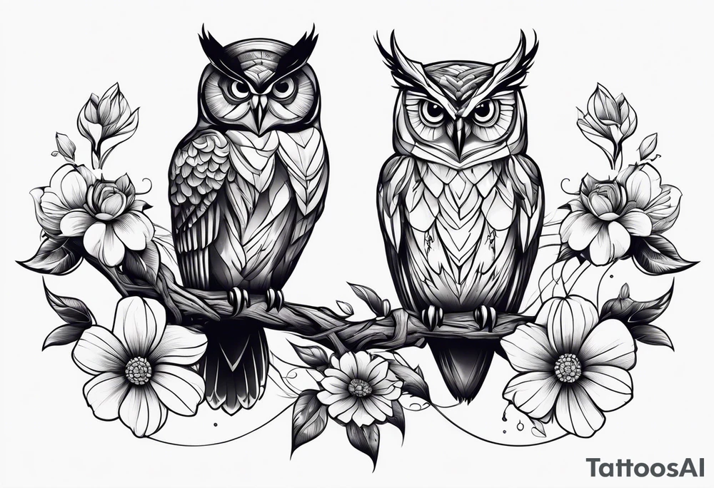 Owl on branch that wraps around arm with flowers and hummingbird tattoo idea