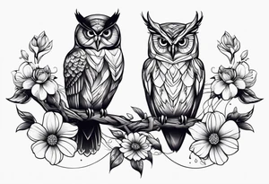Owl on branch that wraps around arm with flowers and hummingbird tattoo idea
